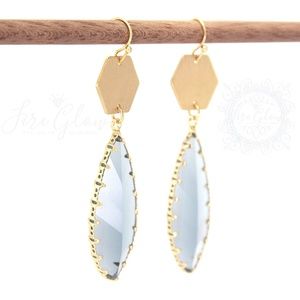 Gray Teardrop Gem Brushed Gold Tone Hex Earrings